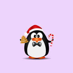 an illustration of funny penguin with biscuit and candy on violet background