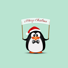 an illustration of funny penguin with message for Christmas  on green background