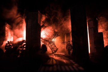 Empty street of burnt up city, flames on the ground and blasts with smoke in the distance....