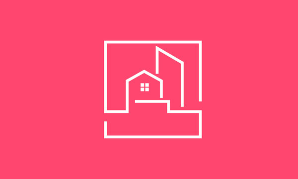 A line art icon logo of a minimal house and a building 
