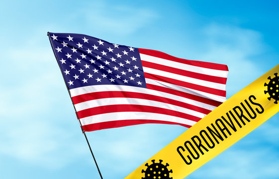 Coronavirus (COVID-19) outbreak warning against a United States Flag background. Covid-19 outbreak in United States.