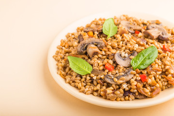 Spelt (dinkel wheat) porridge with vegetables and mushrooms on ceramic plate on orange background. Side view, close up.