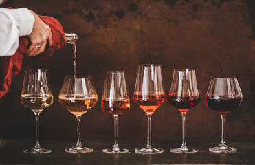 Shades of Rose wine in stemmed glasses placed in line from light to dark colour and womans hand...