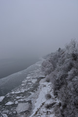 An idyllic winter landscape on the Danube. Broad river and both ice and icebergs along the shore, overgrown with trees and shrubs