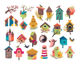 Decorative bird house vector illustration set. Cartoon cute birdhouse for flying birds, cute birdbox, colorful birdie wooden home on garden tree branch with spring flowers flat icons isolated on white