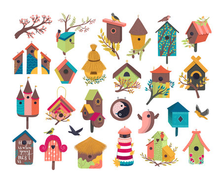 Decorative Bird House Vector Illustration Set. Cartoon Cute Birdhouse For Flying Birds, Cute Birdbox, Colorful Birdie Wooden Home On Garden Tree Branch With Spring Flowers Flat Icons Isolated On White