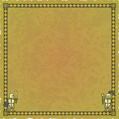 Vector illustration of a square medieval map frame on a worn parchment background. Includes an ornate frame and Templar knights with a sword, a mace, helms and shields.