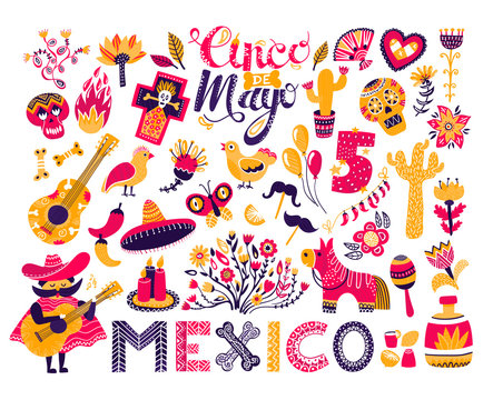 Mexican cinco de mayo vector illustrations. Cartoon traditional folk ornament or party element from Mexico, comic Mexican character with guitar, sombrero, flat pinata, cactus icon isolated on white