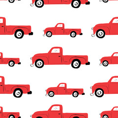 Seamless repeat retro vintage red truck pattern. 
