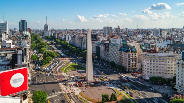 Time lapse view of historical landmark Obelisk of Buenos Aires and traffic on 9 de Julio Avenue during summer in Buenos Aires, Argentina.