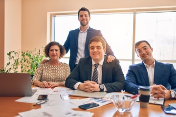 Business lawyers workers meeting at law firm office. Professional executive partners working on finance strategry at the workplace. Smiling happy and cofident to the camera.