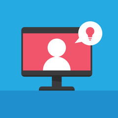 Online education vector illustration. Learning video on computer screen. E-learning and teaching at home. Stay at home campaign.