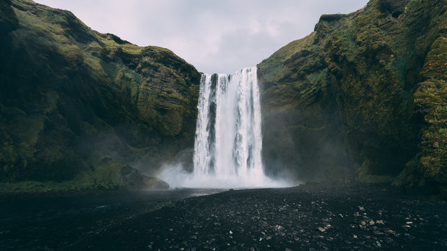 Majestic eye line view on icelandic waterfall - Skogafoss, Autumn