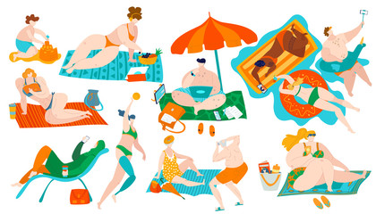 Body positive people on beach with overweight fat body set of flat vector illustrations isolated on white. Happy plus size body positive girls and elder couple, invalid and active healthy lifestyle.