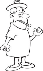 Black and white illustration of a sick man in a hospital gown with a thermometer in his mouth.