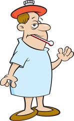 Cartoon illustration of a sick man in a hospital gown with a thermometer in his mouth.
