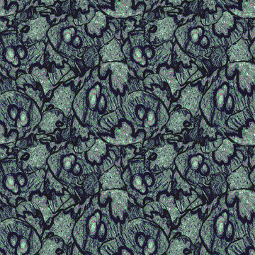 Textured seamless pattern in grunge on dark emerald grey background with organic natural texture abstract drawing. Mixed collage graphic rapping paper, wallpaper, package, surface.