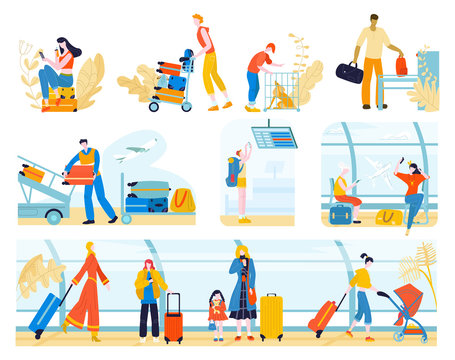 Tourists with baggage in airport people, traveling passengers waiting for check-in or departure set of vector flat illustration isolated on white. People in tour with luggage and air tourism, travel.