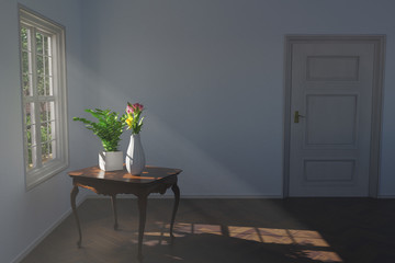 Empty lounge room with white wooden door, white wooden window, dark walnut herringbone floor, antique cabriole table, and plants. Indoors. 3d rendering.