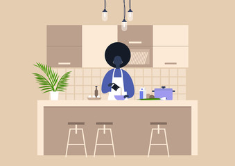 Young black female character cooking food at home, healthy lifestyle, culinary blog