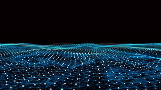 4k abstract Digital blue Wave of particles dance motion on wave and light.Futuristic dots background with a dynamic wave.Big data.Cyber or technology background.Quantum finance.