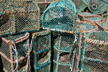 Orkney (Scotland), UK - August 10, 2018: Lobster and crab fishing pots piled in the port, Orkney, Scotland, Highlands, United Kingdom
