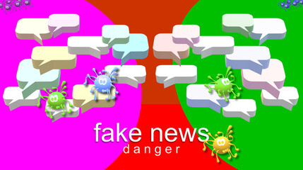 Fake news in dialog balloons. 3d illustration. Danger. Falsehood, fib, lies, something untrue or incorrect, distorts or suppresses the truth, in order to deceive. Set of speech bubbles with color.
