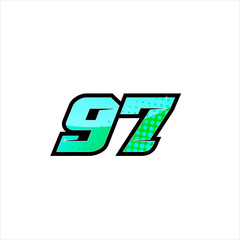 Vector Racing number 97, start racing number, sport race number with halftone dots style isolated on white background