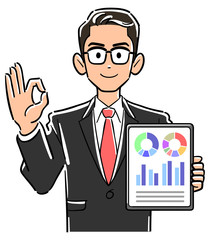 タブレットPCを持ちOKのサインを出す眼鏡をかけたビジネスマン