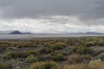 Soda lake looking east taken from Zzyzx Road in the Mojave desert taken during a rainy day.