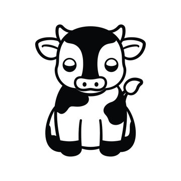 Simple baby cow cute calf black and white logo icon. Cartoon illustration design for kids.