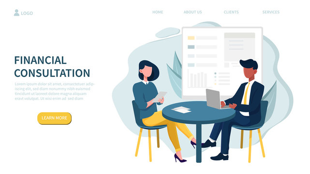 Illustrated financial consultation concept and people in meeting at table. Vector illustration