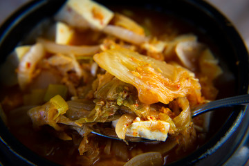 Korean stew with fermented kimchi and Tuna called Chamchi Kimchi Jjigae