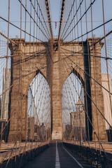 Brooklyn bridge in New York City. Brooklyn bridge details. Close up look. 