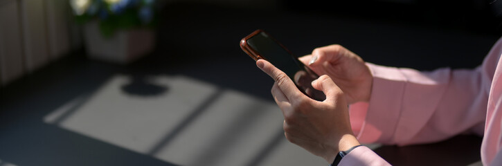 Obraz na płótnie Canvas Cropped shot of female freelancer typing on smartphone