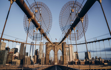 Brooklyn bridge in New York City. Brooklyn bridge details. Close up look. 