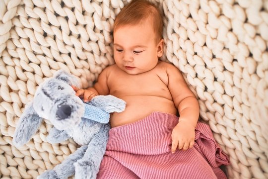 Adorable baby lying down over blanket on the sofa at home. Newborn relaxing and resting with teddy bear comfortable