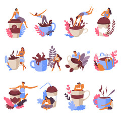 Coffee lovers drinking beverages and hugging cups vector