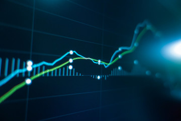Stock market trading graph and candlestick chart on screen monitor for financial investment and economic concept.