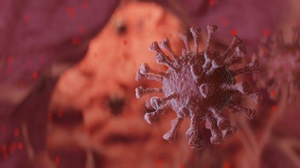 Naklejka na ściany i meble Coronavirus COVID-19 3d render illustration, virus in blood, microbiology and virology concept background