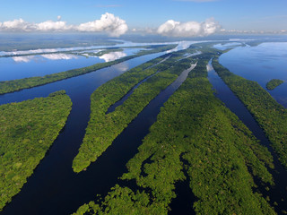 Vista de drone de ilhas do Rio Negro, parte de um conjunto de 400 ilhas fluviais - Parque Nacional...