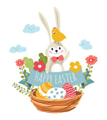 Happy Easter, bunny and bird sitting in woven basket