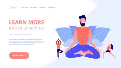 Teacher meditating in lotus pose and tiny people learning to do yoga exercises. Yoga school, open yoga studio, learn more about practice concept. Website homepage landing web page template.