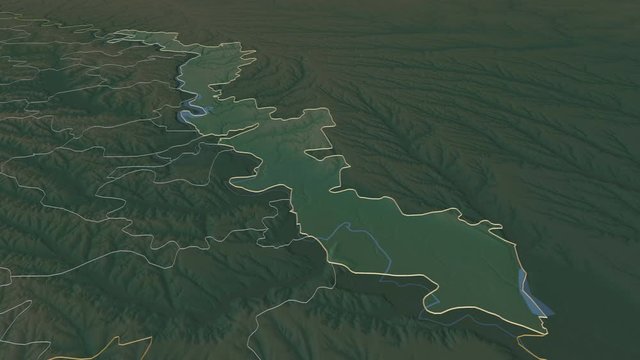 Transnistria, territorial unit with its capital, zoomed and extruded on the relief map of Moldova in the conformal Stereographic projection. Animation 3D