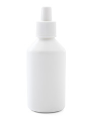 Layout of a white plastic bubble on a white background, mock up, Black Label, close-up. Template or blank for the designer. Concept of medicine and hygiene. White empty plastic bottle, mock up