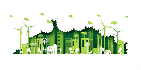 Ecology concept with green eco city on nature background.Environment conservation resource sustainable.Vector illustration. © Man As Thep