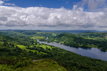 A panoramic view of lake Windermere in The Lakes District, England