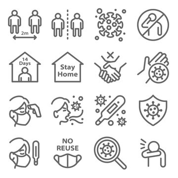 Social Distancing To Protect From Coronavirus Disease COVID-19 Icon Set Vector Illustration. Contains Such Icon As Mask, Quarantine, Cough, Self Isolation, Temperature Check And More. Expanded Stroke