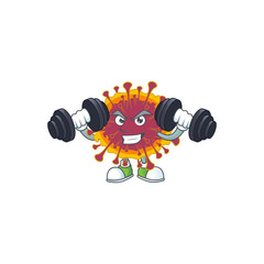 Fototapeta na wymiar Mascot design of grinning Fitness exercise spreading coronavirus lift up barbells