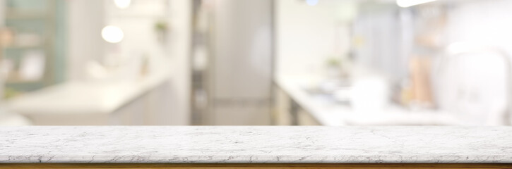 Cropped shot of empty marble table in blurred kitchen room - obrazy, fototapety, plakaty